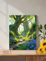 Enchanted Forest Stream with Blue Flowers Canvas Wall Art for Home Decor