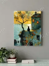 Black Cat Coastal Sunset Canvas Wall Art for Living Room Decor