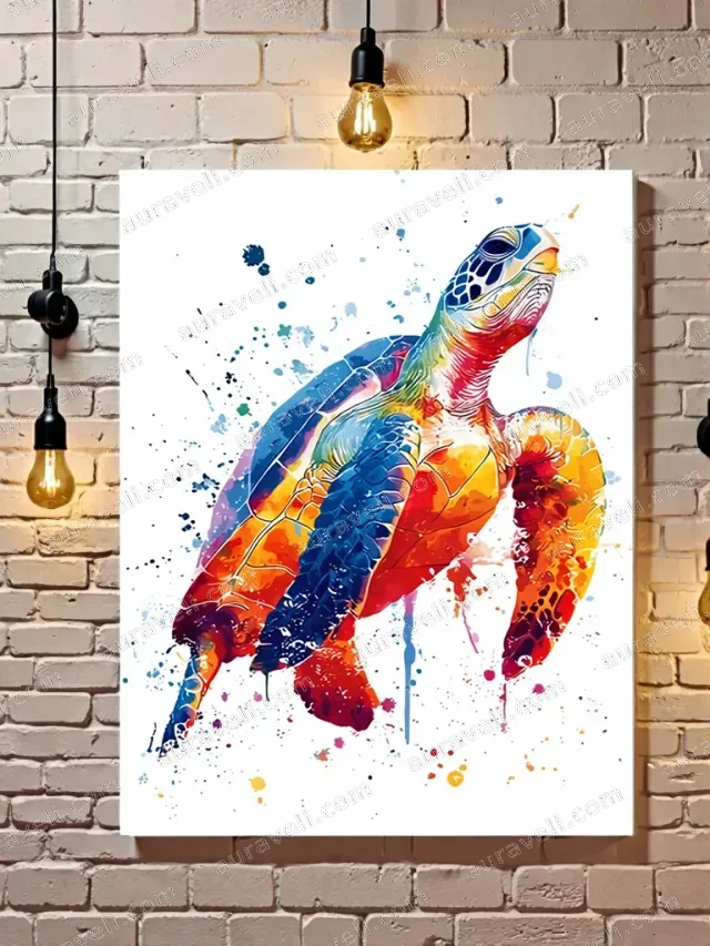 Colorful Sea Turtle Watercolor Splatter Canvas Wall Art for Home Decor — art print