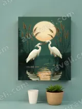 Two Egrets Moonlit Lake Reed Canvas Wall Art for Living Room Home Decor – view 3