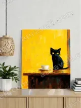 Black Cat & Coffee Cup Oil Painting Canvas Wall Art for Home Decor – view 3