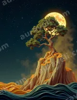 Moonlit Tree on Cliff Canvas Wall Art, Fantasy Night Sky Home Decor for Living Room wall art print