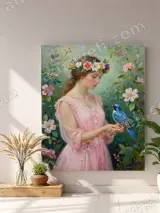 Girl with Blue Bird Floral Wreath Canvas Wall Art for Home Decor – view 4