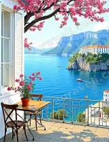Coastal Balcony Seaview Cherry Blossom Canvas Wall Art for Home Decor wall art print