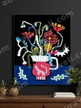 Colorful Floral & Cat Vase Canvas Wall Art for Living Room Home Decor