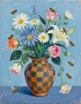Floral Bouquet with Bees in Checkered Vase Canvas Wall Art for Home Decor wall art print