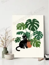 Black Cat & Monstera Canvas Wall Art for Living Room Decor