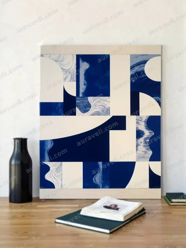 Abstract Blue & Cream Geometric Canvas Wall Art for Living Room Decor — art print