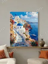 Colorful Santorini Blue Dome Coastal Canvas Wall Art for Home Decor – view 2
