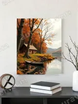 Autumn Lake Cabin Boat Canvas Wall Art for Living Room Bedroom Home Decor – view 3