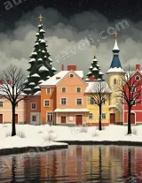 Colorful Winter Village with Lake Canvas Wall Art for Home Decor wall art print