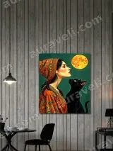 Bohemian Woman & Black Cat Full Moon Canvas Wall Art for Home Decor – вид 3