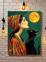 Bohemian Woman & Black Cat Full Moon Canvas Wall Art for Home Decor