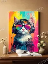 Cool Cat with Headphones Sunglasses Colorful Canvas Wall Art Home Decor – view 2