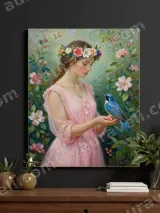 Girl with Blue Bird Floral Wreath Canvas Wall Art for Home Decor
