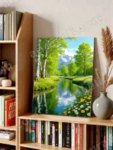 Scenic River with Birch Trees & Flowers Canvas Wall Art for Home Decor – view 5