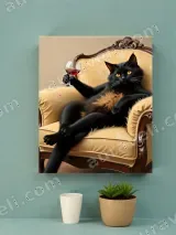 Whimsical Black Cat with Wine Glass Canvas Wall Art for Living Room Decor