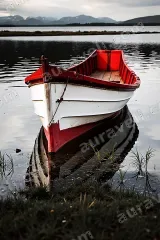 Red White Rowboat Lake Mountain Canvas Wall Art for framed modern home decor