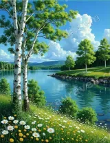 Serene Lake Birch Tree Landscape Canvas Wall Art for and modern home decor