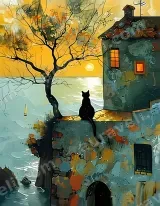 Black Cat Coastal Sunset Canvas Wall Art for Living Room Decor wall art print
