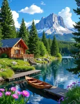 Mountain Lake Cabin Canoe Nature Canvas Wall Art for framed modern home decor