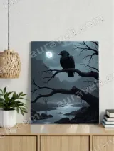 Raven on Bare Tree Moonlit River Canvas Wall Art for Home Decor – view 2