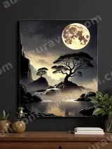 Zen Moonlit Tree & Waterfall Landscape Canvas Wall Art for Home Decor