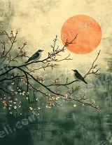 Red Sun Bird & Blossom Canvas Wall Art for Living Room Decor wall art print
