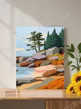 Coastal Beach Rock & Pine Canvas Wall Art for Living Room Home Decor