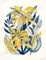 Yellow Blue Botanical Leaves Canvas Wall Art for Living and framed modern home decor