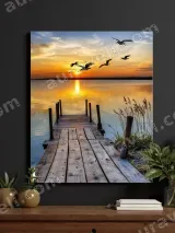 Sunset Lake Wooden Dock Birds Canvas Wall Art for Living Room Home Decor