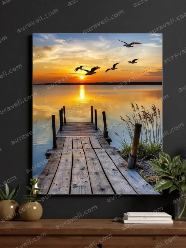 Sunset Lake Wooden Dock Birds Canvas Wall Art for Living Room Home Decor — art print