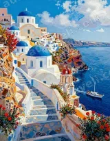 Colorful Santorini Blue Dome Coastal Canvas Wall Art for Home Decor wall art print