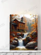 Autumn Cabin Waterfall Canvas Wall Art for Living Room Decor – view 3