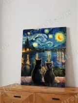 Cats Van Gogh - Style Starry Night Lake Canvas Wall Art for Home Decor – вид 4