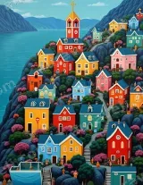 Colorful Coastal Village Canvas Wall Art for Living Room & Bedroom Decor wall art print