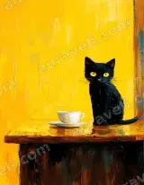 Black Cat & Coffee Cup Oil Painting Canvas Wall Art for Home Decor wall art print