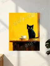 Black Cat & Coffee Cup Oil Painting Canvas Wall Art for Home Decor – view 2