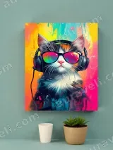 Cool Cat with Headphones Sunglasses Colorful Canvas Wall Art Home Decor – view 3