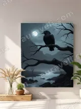 Raven on Bare Tree Moonlit River Canvas Wall Art for Home Decor – view 3
