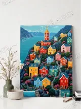 Colorful Coastal Village Canvas Wall Art for Living Room & Bedroom Decor