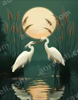 Two Egrets Moonlit Lake Reed Canvas Wall Art for Living Room Home Decor living room wall art for modern home decor