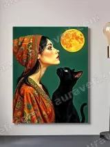Bohemian Woman & Black Cat Full Moon Canvas Wall Art for Home Decor – вид 2