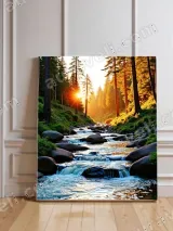 Forest Stream Sunrise Canvas Wall Art for Living Room Bedroom Decor