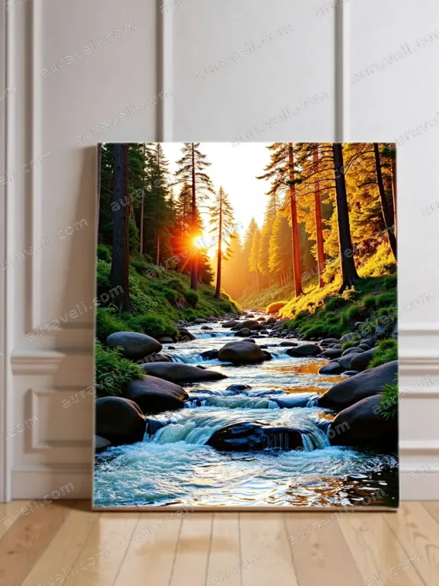 Forest Stream Sunrise Canvas Wall Art for Living Room Bedroom Decor — art print