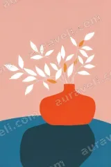 Minimalist Red Vase with White Leaves Canvas Wall Art framed for modern home decor