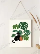 Black Cat & Monstera Canvas Wall Art for Living Room Decor – вид 2