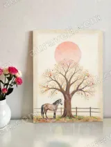 Colorful Tree & Horse Canvas Wall Art with Pink Sun for Living Room Decor