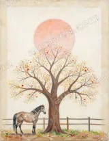 Colorful Tree & Horse Canvas Wall Art with Pink Sun for Living Room Decor wall art print