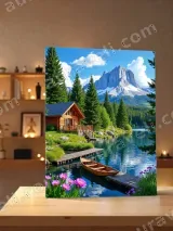 Mountain Lake Cabin Canoe Nature Canvas Wall Art for Home Decor – view 3